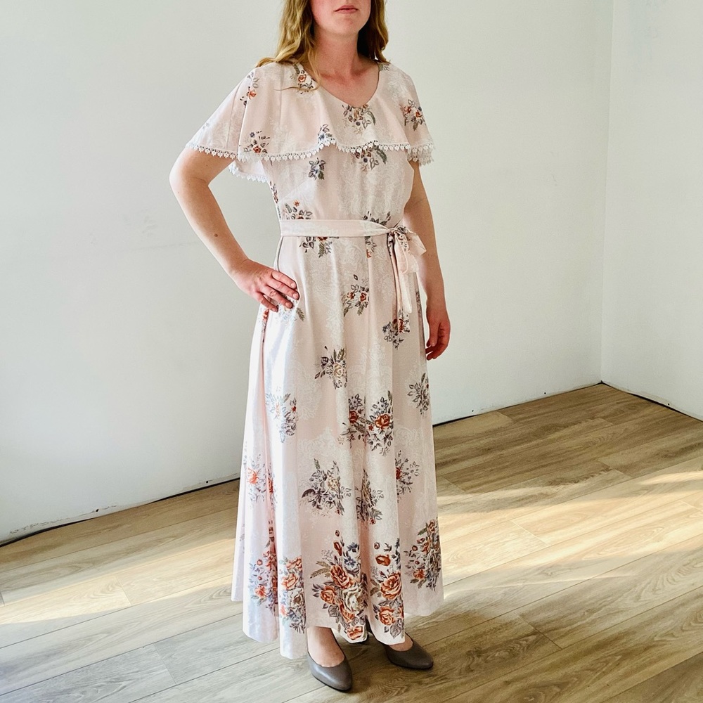 Vintage | Handmade Cottagecore Prairie Belted Pink Floral Maxi Dress - Picture 6 of 10
